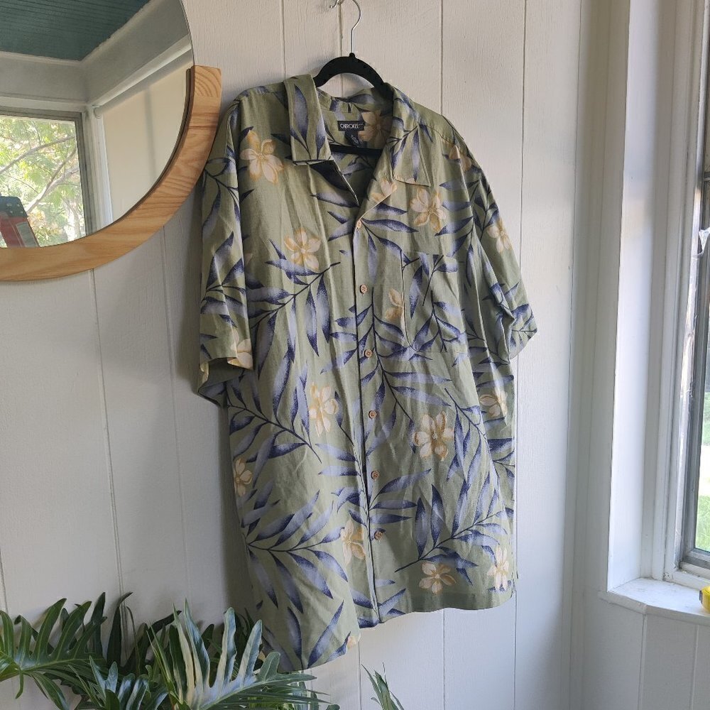 Silk 100%, Hawaiian Shirt, in Moss green, yellow & blue. Soft and Comfortable